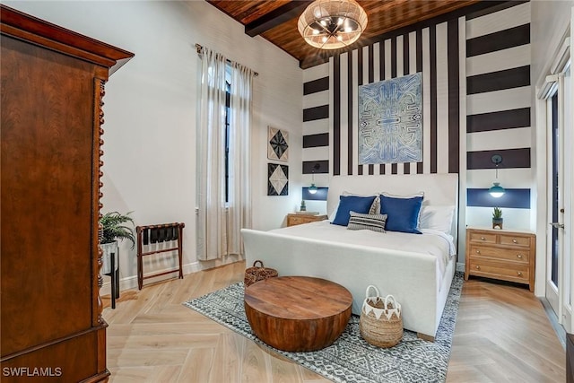 12850 Terabella Way, Fort Myers, FL 33912 - bedroom with a wood ceiling with exposed beams and wallpapered walls