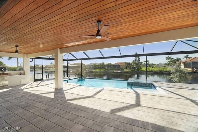 4612 SW 22nd Pl, Cape Coral, FL 33914 - view of swimming pool featuring area for grilling, a ceiling fan, a water view, and a patio