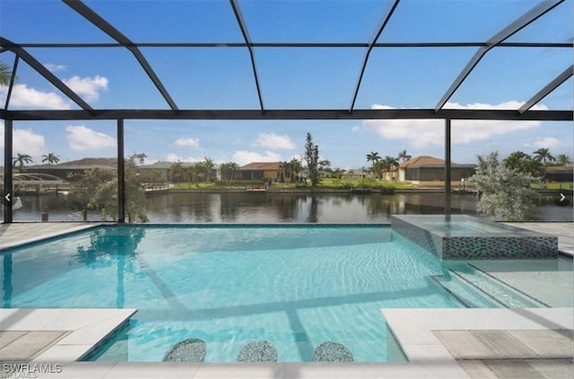 4612 SW 22nd Pl, Cape Coral, FL 33914 - view of pool featuring a lanai, a water view, and a pool with connected hot tub