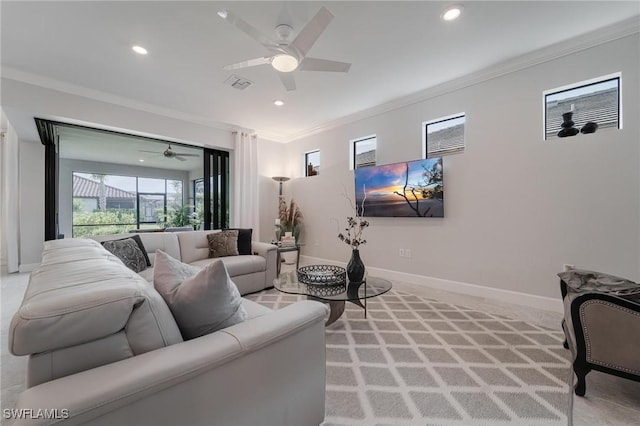 19855 Beverly Park Rd, Estero, FL 33928 - living area featuring crown molding, ceiling fan, recessed lighting, and light colored carpet