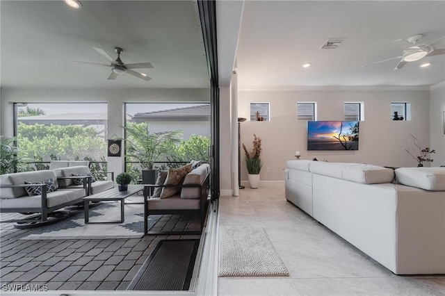 19855 Beverly Park Rd, Estero, FL 33928 - living room featuring a ceiling fan, ornamental molding, and recessed lighting