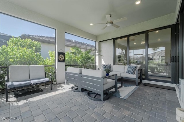 19855 Beverly Park Rd, Estero, FL 33928 - sunroom / solarium featuring ceiling fan, outdoor lounge area, and recessed lighting