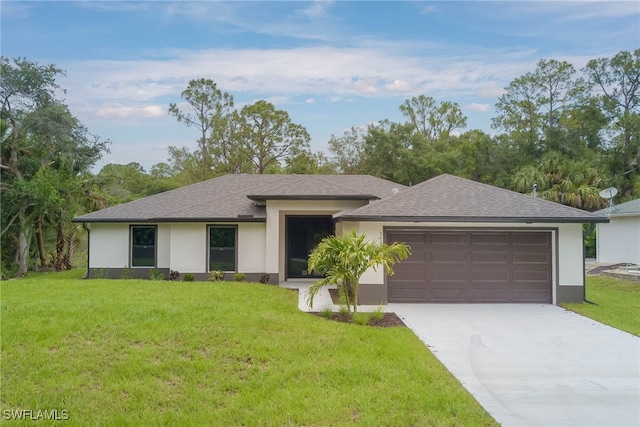 3606 51st St W, Lehigh Acres, FL 33971 - prairie-style house with an attached garage, stucco siding, concrete driveway, a front lawn, and roof with shingles