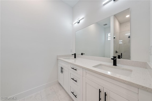 3109 11th St W, Lehigh Acres, FL 33971 - full bathroom with double vanity, a stall shower, and marble look tile flooring
