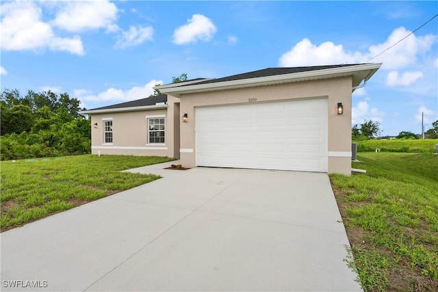 3109 11th St W, Lehigh Acres, FL 33971 - ranch-style house with stucco siding, driveway, a front yard, and a garage