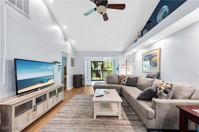 9820 Citadel Ln Unit 202, Bonita Springs, FL 34135 - living area with ceiling fan, light wood-type flooring, recessed lighting, and high vaulted ceiling