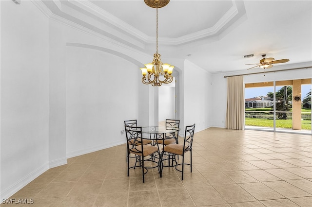 14813 Canton Ct, Naples, FL 34114 - dining space featuring a chandelier, light tile patterned floors, ornamental molding, ceiling fan, and a raised ceiling
