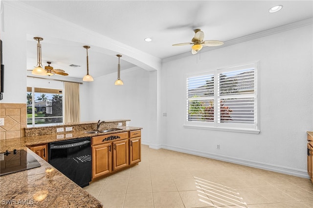 14813 Canton Ct, Naples, FL 34114 - kitchen featuring black appliances, a ceiling fan, crown molding, brown cabinetry, and stone countertops