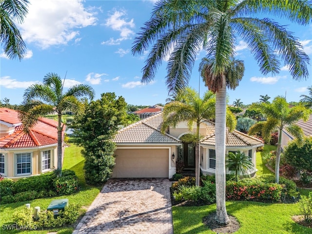 14813 Canton Ct, Naples, FL 34114 - mediterranean / spanish house with a tiled roof, an attached garage, stucco siding, driveway, and a front yard