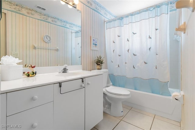 76 4th St Unit 2-102, Bonita Springs, FL 34134 - bathroom featuring tile patterned flooring, vanity, shower / bath combination with curtain, and wallpapered walls