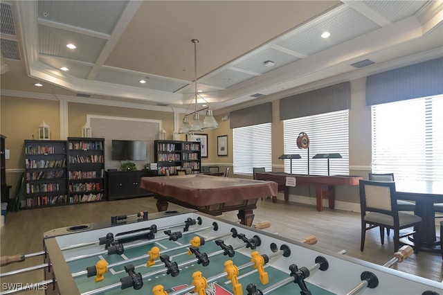 6899 Del Mar Ter, Naples, FL 34105 - rec room with coffered ceiling, ornamental molding, wood finished floors, healthy amount of natural light, and billiards