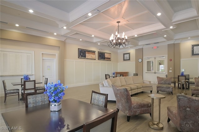 6899 Del Mar Ter, Naples, FL 34105 - living room featuring wood finished floors, coffered ceiling, beam ceiling, recessed lighting, and a chandelier