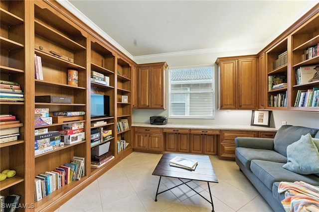 6899 Del Mar Ter, Naples, FL 34105 - living room featuring built in study area, light tile patterned flooring, and crown molding
