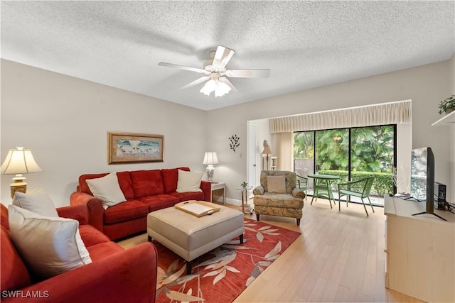 5487 Peppertree Dr Unit 5, Fort Myers, FL 33908 - living room featuring a textured ceiling, ceiling fan, and light wood-type flooring