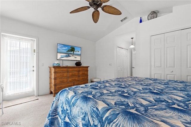 1057 Silverstrand Dr, Naples, FL 34110 - bedroom featuring carpet, lofted ceiling, access to outside, a ceiling fan, and multiple closets