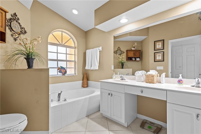 1057 Silverstrand Dr, Naples, FL 34110 - bathroom featuring double vanity, a bath, tile patterned flooring, and recessed lighting