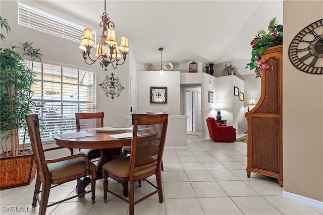1057 Silverstrand Dr, Naples, FL 34110 - dining space featuring high vaulted ceiling, a chandelier, and light tile patterned flooring