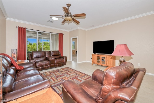 4776 Fairloop Run, Lehigh Acres, FL 33973 - living area featuring a ceiling fan, ornamental molding, and tile patterned floors