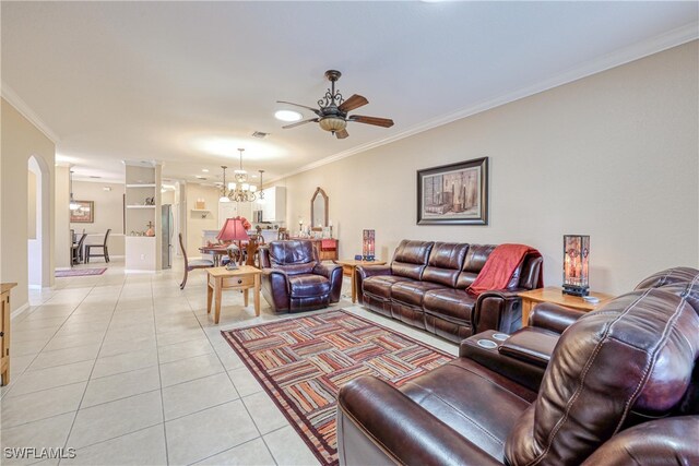 4776 Fairloop Run, Lehigh Acres, FL 33973 - living room featuring ceiling fan, light tile patterned floors, ornamental molding, arched walkways, and a chandelier