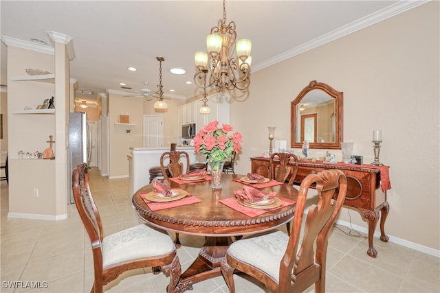 4776 Fairloop Run, Lehigh Acres, FL 33973 - dining area featuring light tile patterned flooring, crown molding, a chandelier, and recessed lighting