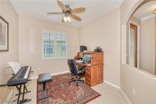 4776 Fairloop Run, Lehigh Acres, FL 33973 - office with arched walkways, light tile patterned floors, and ceiling fan
