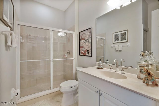 23751 Merano Ct Unit 201, Estero, FL 34134 - bathroom featuring vanity, a stall shower, and tile patterned flooring