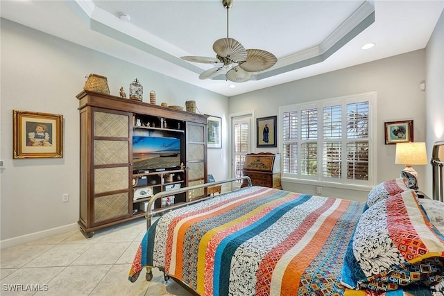 23751 Merano Ct Unit 201, Estero, FL 34134 - bedroom with light tile patterned floors, a raised ceiling, ceiling fan, and recessed lighting