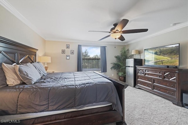 20333 Cypress Shadows Blvd, Estero, FL 33928 - carpeted bedroom featuring ornamental molding, freestanding refrigerator, and a ceiling fan