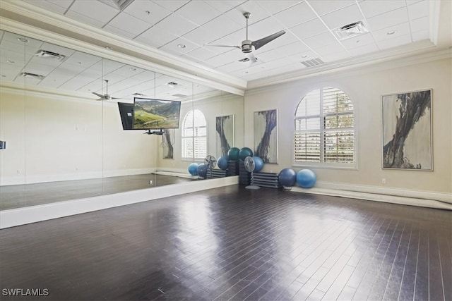 20333 Cypress Shadows Blvd, Estero, FL 33928 - workout room with a drop ceiling, wood finished floors, crown molding, and ceiling fan