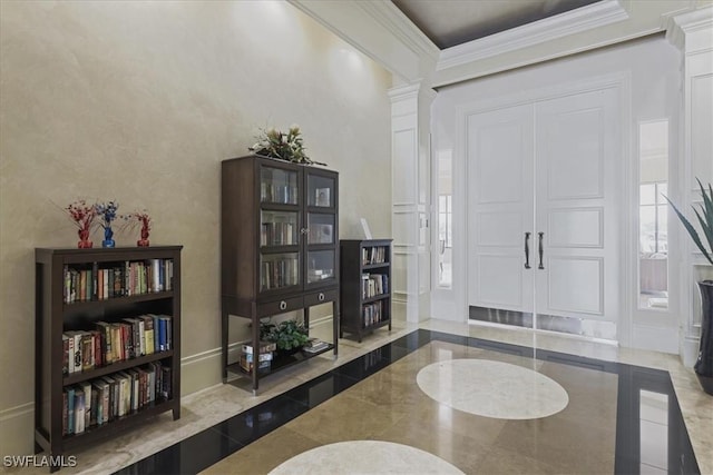 20333 Cypress Shadows Blvd, Estero, FL 33928 - foyer with inlaid floor details, ornate columns, and ornamental molding