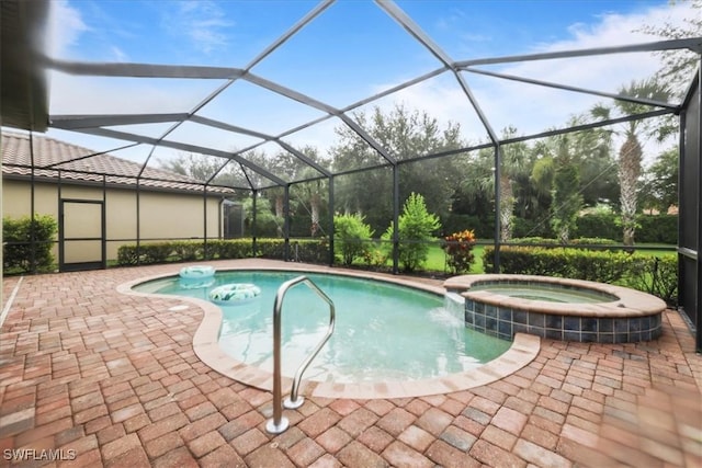 20333 Cypress Shadows Blvd, Estero, FL 33928 - view of pool with a pool with connected hot tub, a patio area, and glass enclosure