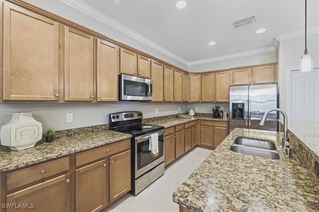 20333 Cypress Shadows Blvd, Estero, FL 33928 - kitchen with appliances with stainless steel finishes, ornamental molding, stone counters, hanging light fixtures, and brown cabinetry
