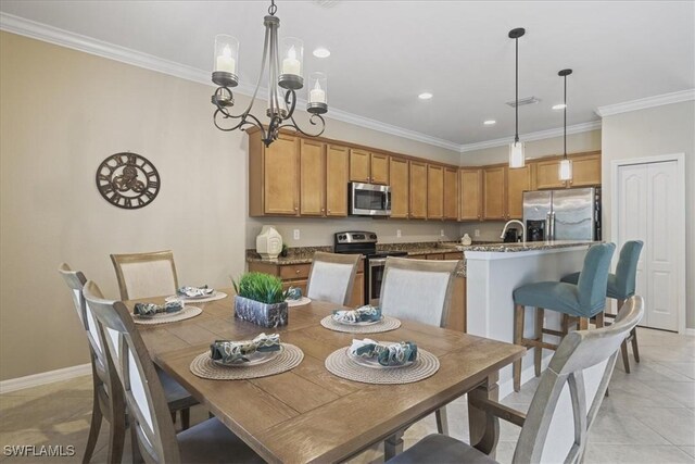 20333 Cypress Shadows Blvd, Estero, FL 33928 - dining room featuring ornamental molding, recessed lighting, a chandelier, and light tile patterned floors