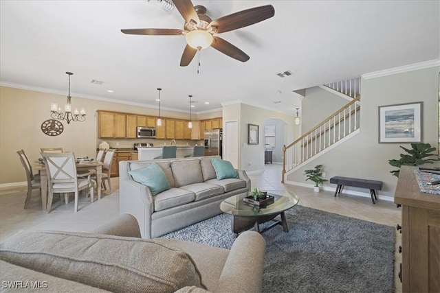 20333 Cypress Shadows Blvd, Estero, FL 33928 - living room featuring light tile patterned floors, stairway, a ceiling fan, ornamental molding, and arched walkways