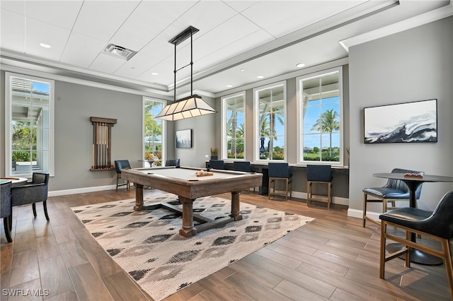 8951 Saint Lucia Dr, Naples, FL 34114 - recreation room featuring billiards table, crown molding, wood finished floors, and a raised ceiling