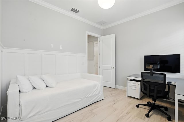 8951 Saint Lucia Dr, Naples, FL 34114 - bedroom featuring ornamental molding, wainscoting, light wood-type flooring, a desk, and a decorative wall