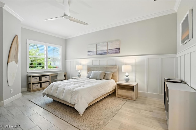 8951 Saint Lucia Dr, Naples, FL 34114 - bedroom with ornamental molding, a decorative wall, wainscoting, and ceiling fan