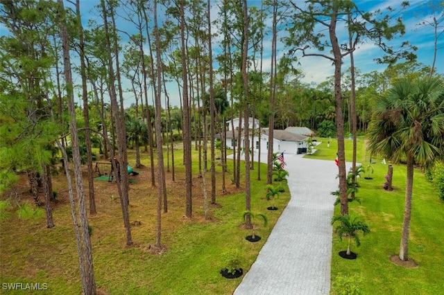 675 Logan Blvd S, Naples, FL 34119 - view of community featuring decorative driveway, a yard, and view of wooded area