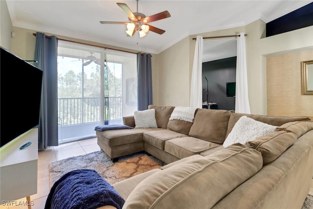 20310 Estero Gardens Cir Unit 203, Estero, FL 33928 - living room featuring ceiling fan, ornamental molding, light tile patterned floors, and lofted ceiling