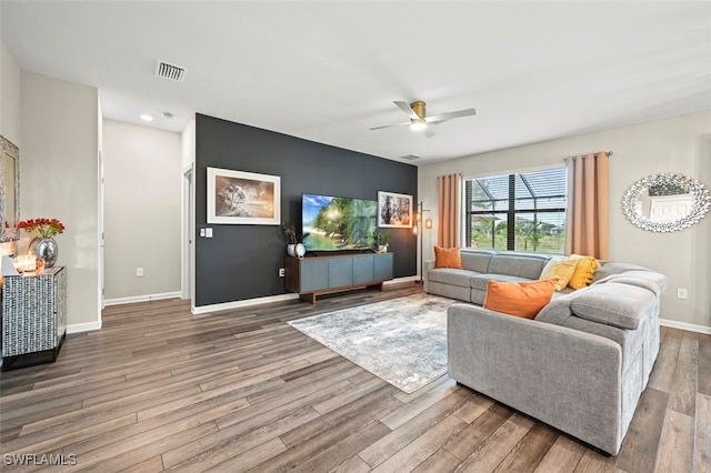 19280 Elston Way, Estero, FL 33928 - living room featuring wood finished floors, a ceiling fan, and recessed lighting
