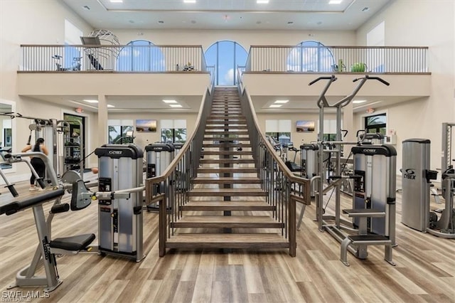 19280 Elston Way, Estero, FL 33928 - gym with wood finished floors and a towering ceiling