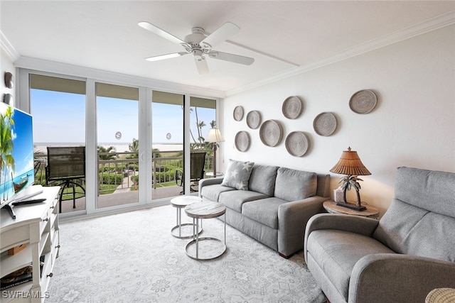 180 Seaview Ct Unit 215, Marco Island, FL 34145 - living area featuring ornamental molding, ceiling fan, and carpet flooring