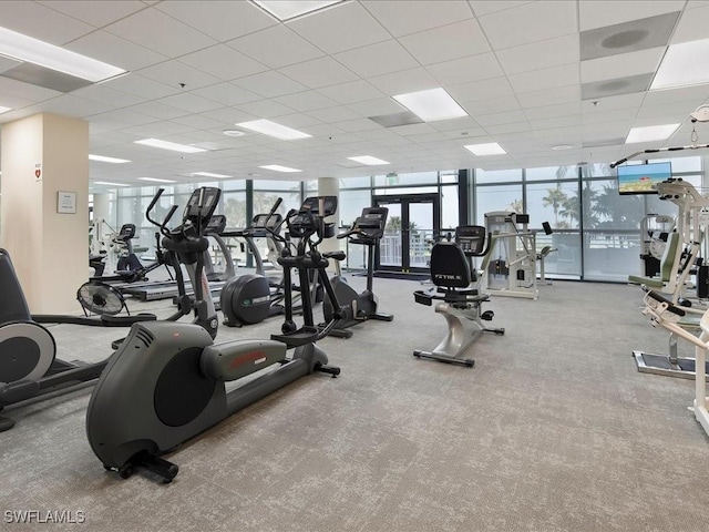 4651 Gulf Shore Blvd N Unit 1605, Naples, FL 34103 - workout area with expansive windows, a drop ceiling, and carpet