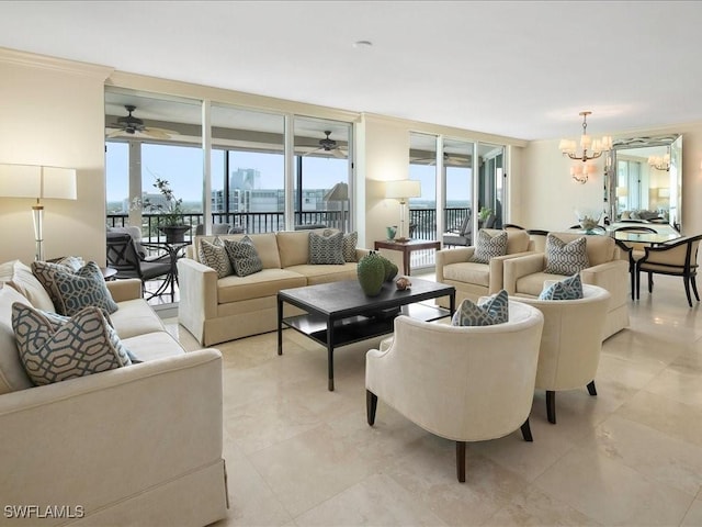 4651 Gulf Shore Blvd N Unit 1605, Naples, FL 34103 - living room with plenty of natural light, a ceiling fan, light tile patterned floors, and a chandelier