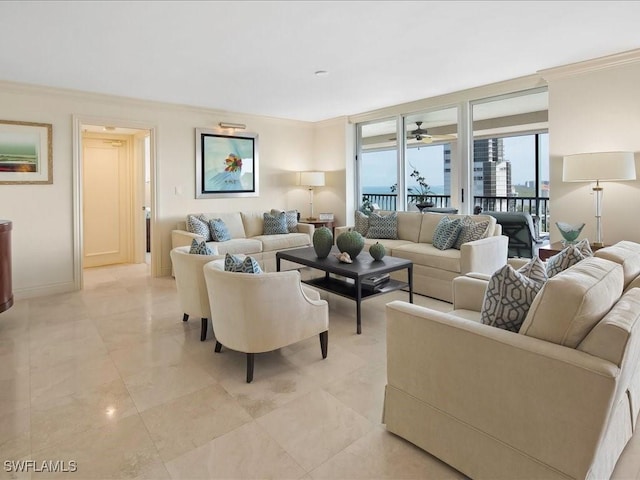 4651 Gulf Shore Blvd N Unit 1605, Naples, FL 34103 - living area with ornamental molding and ceiling fan