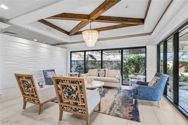 180 Seaview Ct Unit 612, Marco Island, FL 34145 - living room featuring coffered ceiling and beamed ceiling