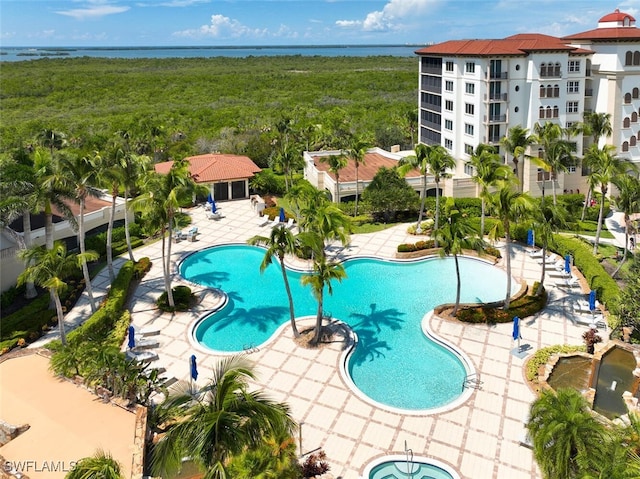 24011 Via Castella Dr Unit 2402, Bonita Springs, FL 34134 - community pool with a wooded view and a water view