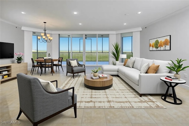 24011 Via Castella Dr Unit 2402, Bonita Springs, FL 34134 - living area featuring crown molding, a chandelier, light tile patterned floors, and recessed lighting