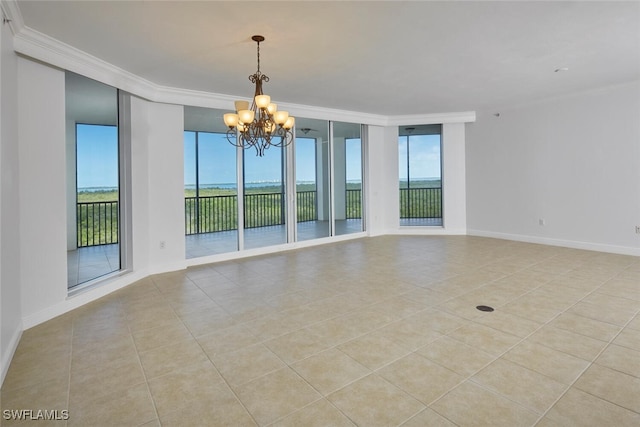 24011 Via Castella Dr Unit 2402, Bonita Springs, FL 34134 - unfurnished room featuring a chandelier, crown molding, plenty of natural light, and light tile patterned floors