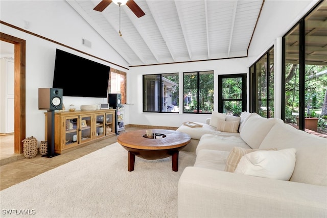 3110 10th Ave SE, Naples, FL 34117 - tiled living room with a ceiling fan, high vaulted ceiling, and a wood ceiling with exposed beams